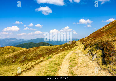 gewundenen Weg durch große Wiesen am Hang. Auf der Spur bergauf Karpaten Bergrücken. warmen und sonnigen Herbsttag mit bewölktem Himmel. Stockfoto