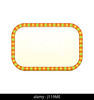 Leere 3d rechteckige Retro-leichte Banner mit leuchtenden Lichter. Rotes Schild mit grünen und gelben Birnen und leeren Platz für Text. Vintage Straße Schild. Werbung-Frame. Bunte Vektor-Illustration. Stock Vektor