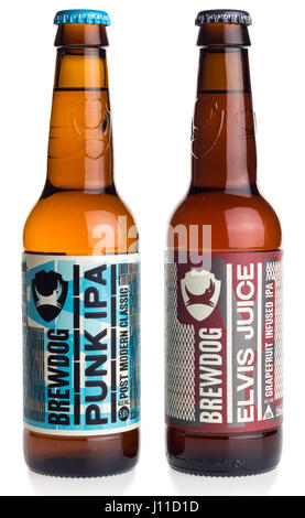 Bierflaschen schottische Brewdog Punk IPA und Elvis Saft isoliert auf weißem Hintergrund Stockfoto