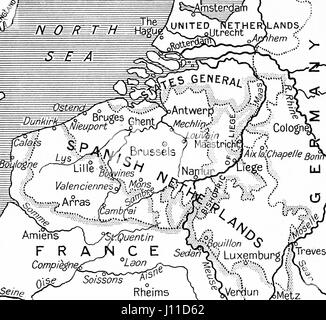 Karte von die spanischen Niederlande nach dem Friedensvertrag von Utrecht im Jahre 1713, die spanischen Niederlande an die Habsburger Kläger, der Kaiser Charles VI übergeben.  Von Hutchinson Geschichte der Nationen veröffentlicht 1915 Stockfoto