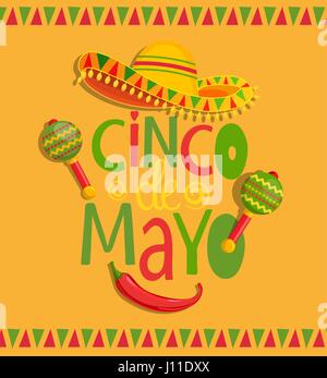 Handgezeichnete Schriftzug - Cinco De Mayo, Poster, Banner, Grußkarte mit Sombrero, Maracas und Chili, Ankündigung, Einladung, party. Stock Vektor