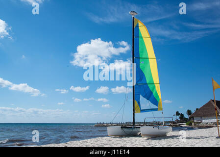 Bunte Segel und Segelboot Katamaran ist hochgezogen und an einem sonnigen Tag am Sandstrand in der mexikanischen Karibik angedockt Stockfoto