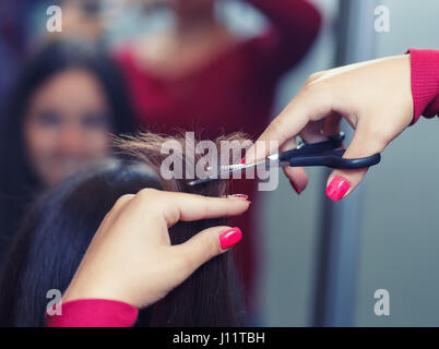 Friseur braune Haare mit einer Schere Closeup trimmen. Damen Haarschnitt. Das diejenigen loswerden Spliss. Weibliche Stilist Kunden bei Beauty Haare schneiden Stockfoto