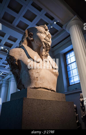 Eine große alte ägyptische Statue von Amenophis III, ca. 1370 v. Chr. im Saal 4 des British Museum, London, England, 2014. Stockfoto