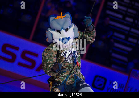 Knirschen Sie ein Camouflage Hemd trägt, die Nashville Predators-Maskottchen, seilte von der Spitze der Bridgestone Arena vor dem Spiel 25. März 2017, im Rahmen des Military Appreciation Week. Stockfoto