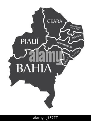 Bahia - Piauí - Ceara - Sergipe - Pernambuco - Alagoas - Paraiba - Rio Grande Do Norte Karte Brasilien Abbildung Stock Vektor