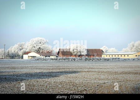 Rime Frost Landschaft am Feld-Hof in Morgenstunden. Havelland (Brandenburg - Deutschland). Stockfoto