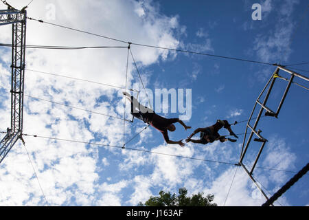 Trapez-Studenst durch die Luft fliegen. Die fliegenden Trapez Schule liegt im Regents Park und laufen durch den Gorilla-Zirkus. Stockfoto