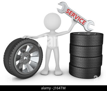 Ein Mann mit einem Schraubenschlüssel und ein Räder. 3D-Rendering. Stockfoto