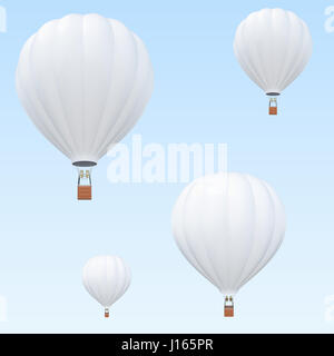 Heißluft-Ballons, weiße Heißluftballons mit Korb auf Himmelshintergrund. 3D-Rendering Stockfoto