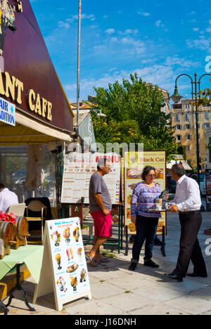 Black Cat Cafe und Restaurant am alten Hafen, alten Hafenplatz, Korfu, Griechenland Stockfoto