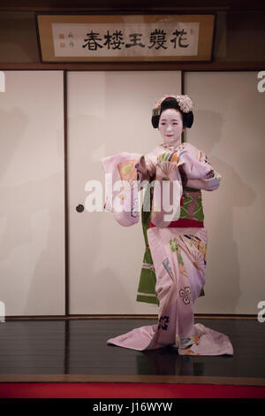 18-j hrige Kanohiro Maiko in Gion Bezirk von Kyoto, Japan führt einen Tanz in einem Teehaus. Maiko sind jungen Geiko / Geisha in Ausbildung. Stockfoto