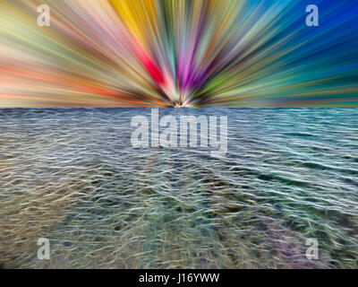 Abbildung eines Meeres, bestehend aus leuchtende Linien mit bunten Strahlen von Licht am Horizont Stockfoto