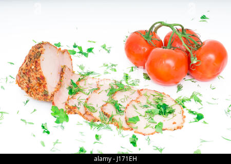 Geschnittenen Schinken isoliert auf weiss Stockfoto