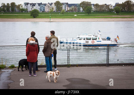 Deutschland, Düsseldorf, Menschen mit Hunden an den Ufern des Rheins, Blick auf den Stadtteil Oberkassel. Stockfoto