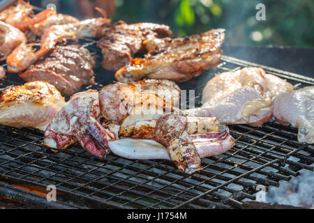 Verschiedene leckere Grillfleisch über die Kohlen auf einem Grill Stockfoto