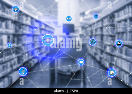 Intelligente Bildung und Erziehung-Symbol Netzwerk Conection Withcomputer Laptop im Bibliothekssaal im Hintergrund, visuelle abstraktes Bild, Internet der Dinge Konz Stockfoto