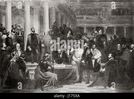 Der Vertrag von den Adligen der Niederlande im Jahre 1568, die Einführung der spanischen Inquisition und der spanischen Herrschaft in den Niederlanden zu widerstehen wollten. Hoorn ist die Unterzeichnung des Vertrags mit Egmont zu seiner linken, beide Männer wurden später festgenommen und enthauptet.   Lamoral, Graf von Egmont, Prinz von Gavere, 1522 – 1568.  General und Staatsmann in den spanischen Niederlanden.  Philip de Montmorency gest. (5 Juni 1568) auch bekannt als Graf von Horn oder Horne oder Hoorn.  Opfer der Inquisition in den spanischen Niederlanden.  Von Hutchinson Geschichte der Nationen veröffentlicht 1915 Stockfoto