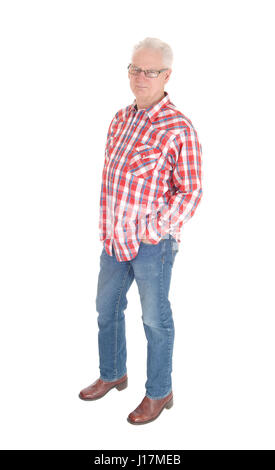 Ein Bild von einem weißen Haaren senior Mann in einem karierten Hemd und Brille im Profil, für weißen Hintergrund isoliert. Stockfoto