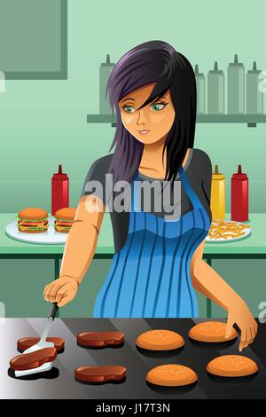 Eine Vektor-Illustration einer Frau Spiegeln Burger in einem Fastfood-Restaurant-Küche Stock Vektor