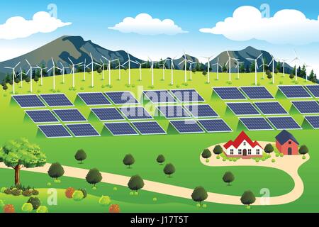 Eine Vektor-Illustration des Windparks Windturbinen und Solarzellen Stock Vektor