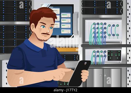Eine Vektor-Illustration der Mann arbeitet in Computer-Server-Raum Stock Vektor