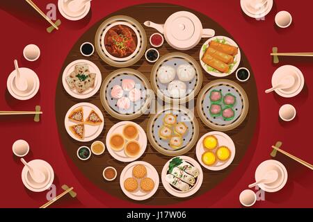 Eine Vektor-Illustration von Dimsum auf dem Tisch von oben gesehen Stock Vektor