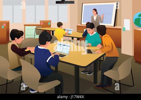 Eine Vektor-Illustration von Kindern in eine Klasse der Computerprogrammierung Stock Vektor