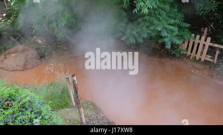 Chi-no-ike Jigoku, was bedeutet Verdammte Hölle Teich in Englisch, ist ein roter Fango See in Beppu, Oita Präfektur, Japan. Stockfoto