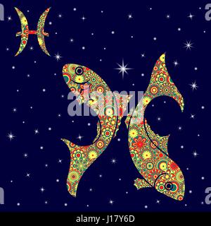 Sternzeichen Fische mit bunten Blumen zu füllen, in warmen Farbtönen auf einem Hintergrund von dem blauen Sternenhimmel, Vektor-illustration Stock Vektor