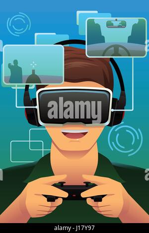 Eine Vektor-Illustration der Mann spielt mit virtual-Reality-Kopfhörer Stock Vektor