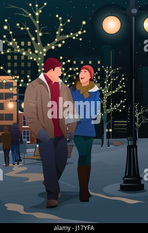 Eine Vektor-Illustration ein paar zu Fuß auf der Straße an einem Winterabend Stock Vektor