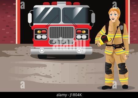 Eine Vektor-Illustration der weiblichen Feuerwehrmann vor Feuerwehrhaus Stock Vektor