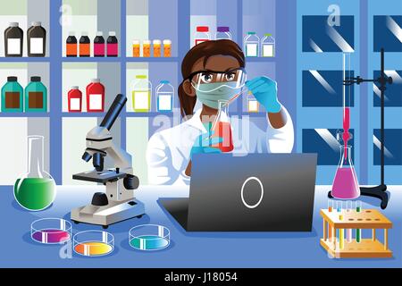 Eine Vektor-Illustration der weibliche Wissenschaftler arbeiten im Labor Stock Vektor