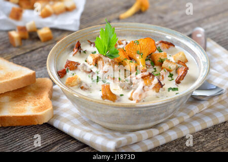 Leckere Cremesuppe mit gebratenen Pfifferlingen, Croutons und toast Stockfoto