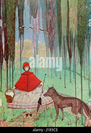 Er fragte sie, wohin sie ging - Szene von Little Red Riding Hood von Charles Perrault Stockfoto