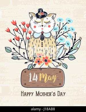 Muttertag. Glückwunsch-Hintergrund mit niedlichen Katze in Blumen. Frühlingsferien. Skizze des Tieres. Karte, Postkarte, Einladung oder Poster. Vektor Stock Vektor