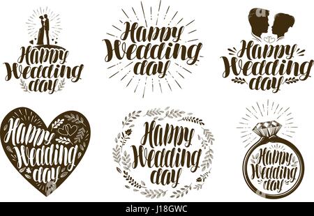 Happy Hochzeitstag, Beschriftungssatz. Verheiratetes Paar, Liebe, Symbol oder Logo. Schriftzug-Vektor-illustration Stock Vektor