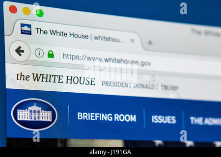 LONDON, UK - 13. April 2017: Die offizielle Homepage von The White House und der Trump-Verwaltung, am 13. April 2017. Stockfoto