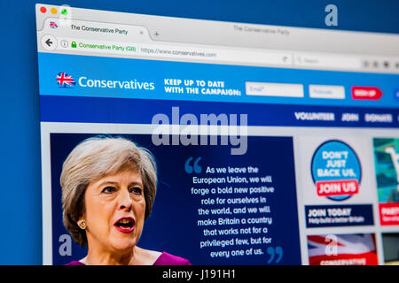 LONDON, UK - 13. April 2017: Die offizielle Homepage der konservativen Partei, am 13. April 2017. Stockfoto