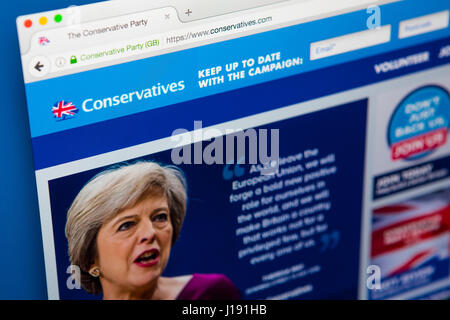 LONDON, UK - 13. April 2017: Die offizielle Homepage der konservativen Partei, am 13. April 2017. Stockfoto