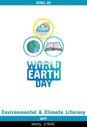 Internationale Earth Day, 22. April. Die Veranstaltung thematisiert Umwelt- und Klima-Kompetenz. Planetenerde, ein aufgeschlagenes Buch und die Sonne mit Regenwolke in Stock Vektor
