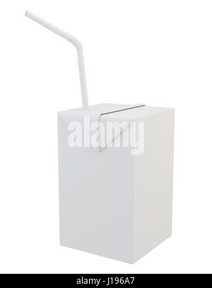 Leere Milch- oder Saftflasche Kartonverpackung mit Stroh. Stockfoto