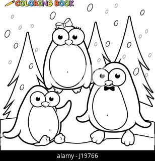 Glückliche Pinguine im Schnee. Cartoon niedliche Pinguinvögel in einer winterlichen Schneelandschaft. Vektor-Schwarzweiß-Farbseite Stock Vektor
