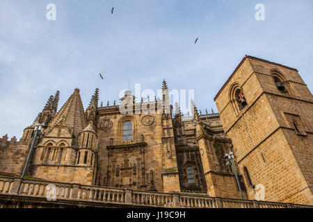 Seitliche Fassade der Catedral de Santa Maria von Plasencia, Caceres, Spanien Stockfoto