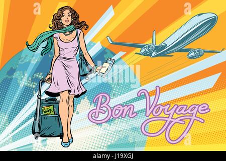 Schönes Mädchen mit einem Ticket für den Flug. Pop-Art-Retro-Vektor-Illustration. Reisen und Tourismus. Lebensstil Stock Vektor