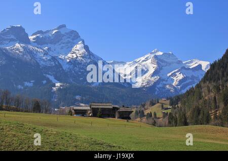 Frühlingstag im Berner Oberland. Schneebedeckte Berge Schlauchhorn und Oldenhorn. Landschaft in Gsteig Bei Gstaad, Schweiz. Stockfoto