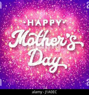Mütter-Tageskarte mit weichen Bokeh verschwommen Herzen, Glitter Textur Konfetti und funkelt. Handgezeichnete Schriftzug Plakat mit kalligrafischen Text auf rosa und lila Hintergrund. Schriftart-Vektor-Illustration. Stock Vektor