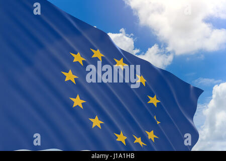 3D Darstellung der Europäischen Union Fahnenschwingen auf blauen Himmelshintergrund, ist die Europäische Union (EU), dass eine politische und wirtschaftliche Vereinigung von 28 EU besagt: Stockfoto