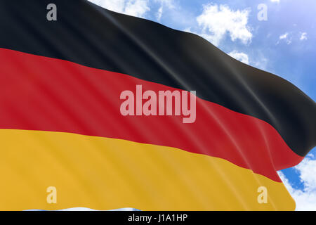 3D-Rendering Deutschlands Fahnenschwingen auf blauen Himmelshintergrund, der Tag der deutschen Einheit der Nationalfeiertag Deutschlands ist, feierte am 3. Oktober als eine publi Stockfoto